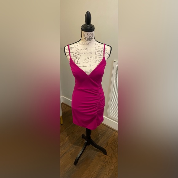 Deep V Neck Pink Cutout Strappy Ruched Slit Dress Size 3 By Morgan & Co. - Picture 2 of 10